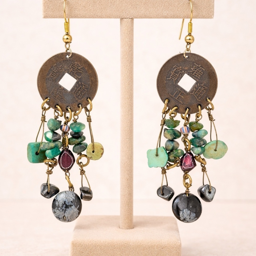 Asian Coin Turquoise Earrings Chandelier Natural Stone Earrings Brass Tone
